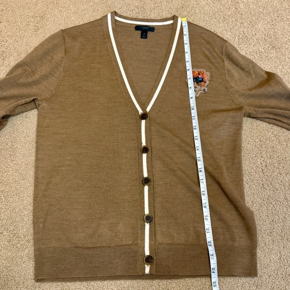 J Crew V Neck Cardigan Sweater with Floral Embellished Jewel Patch